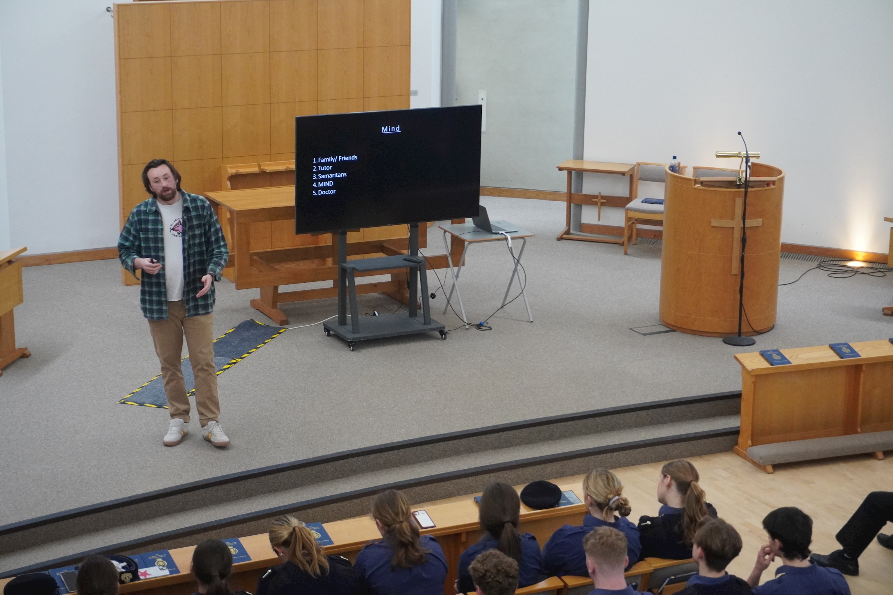 Chris Singleton, founder of Transparency Theatre Company, giving a talk during Pangbourne College's Wellbeing Day event